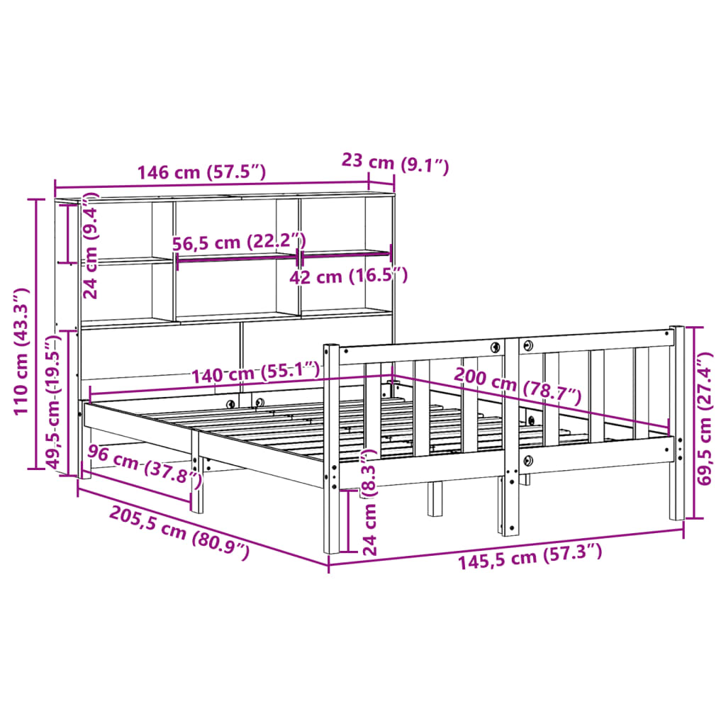 Bed met boekenkast zonder matras grenenhout wit 140x200 cm