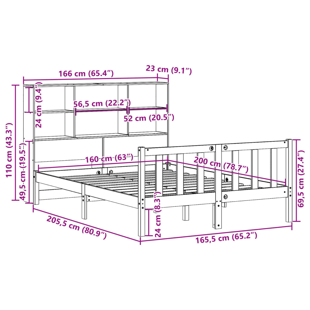 Bed met boekenkast zonder matras grenenhout wit 160x200 cm