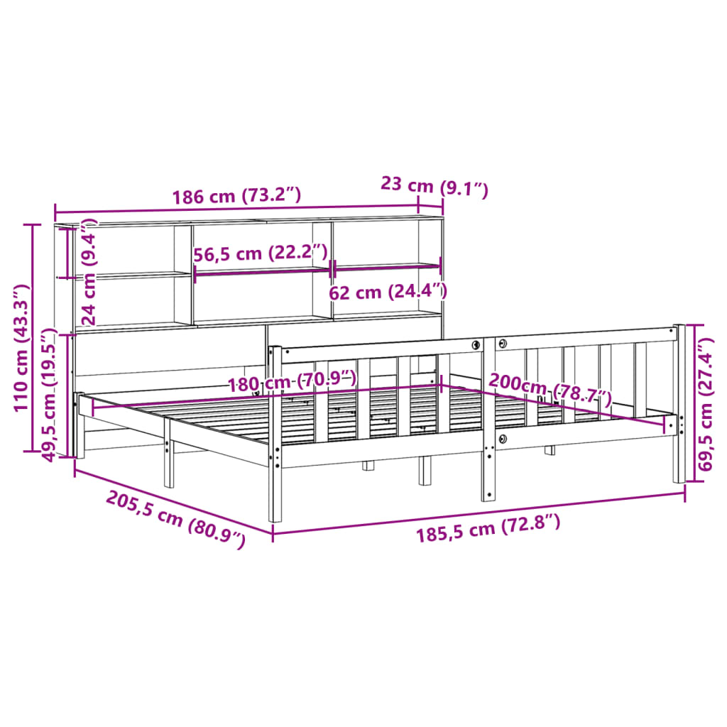 Bed met boekenkast zonder matras grenenhout wit 180x200 cm