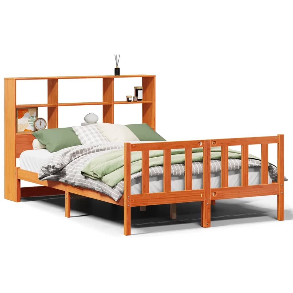 Bed met boekenkast zonder matras grenenhout wasbruin 150x200 cm