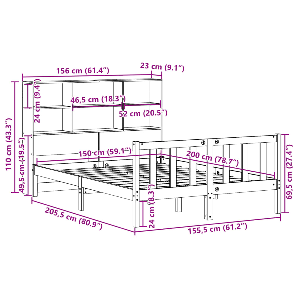 Bed met boekenkast zonder matras grenenhout wasbruin 150x200 cm