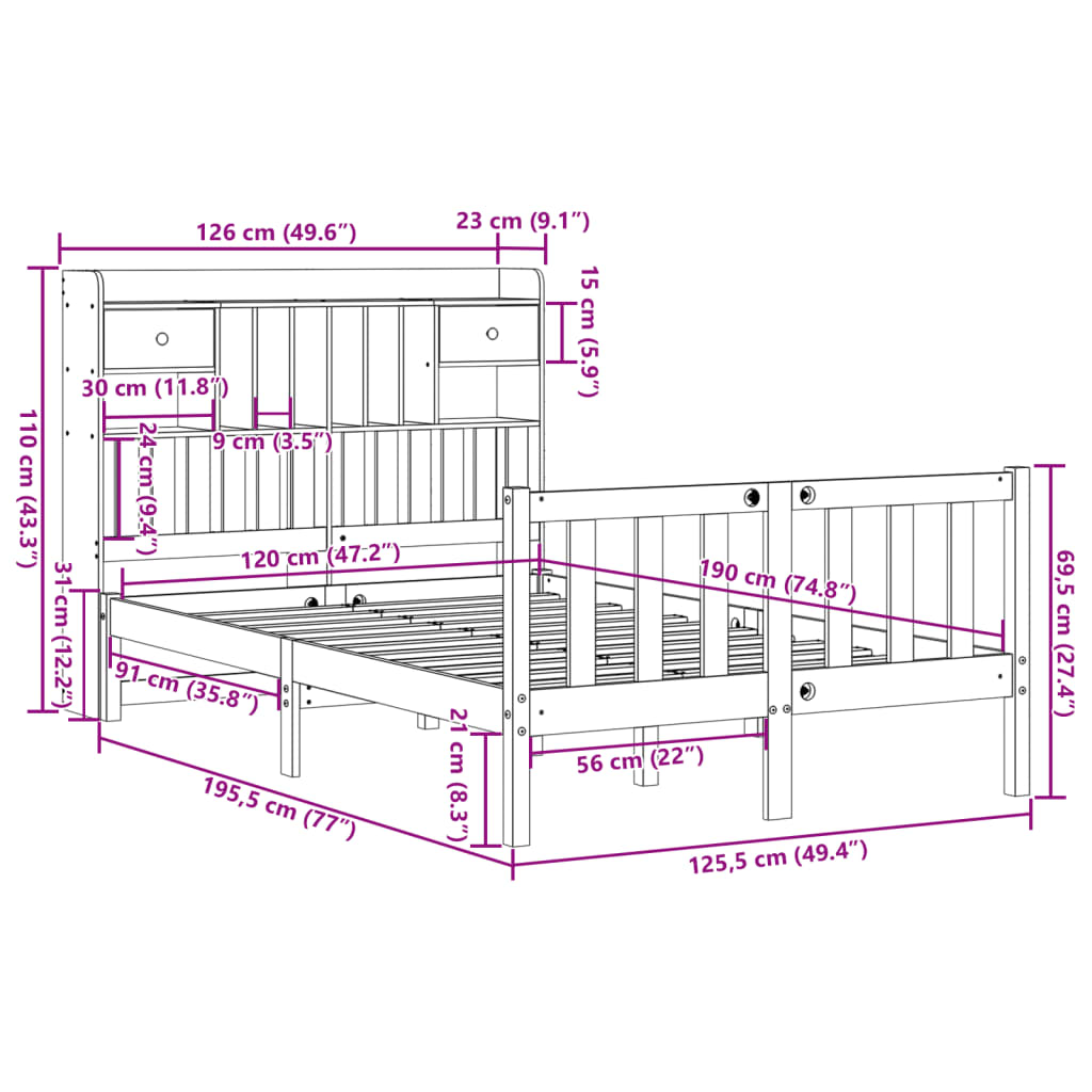 Bed met boekenkast zonder matras grenenhout wit 120x190 cm