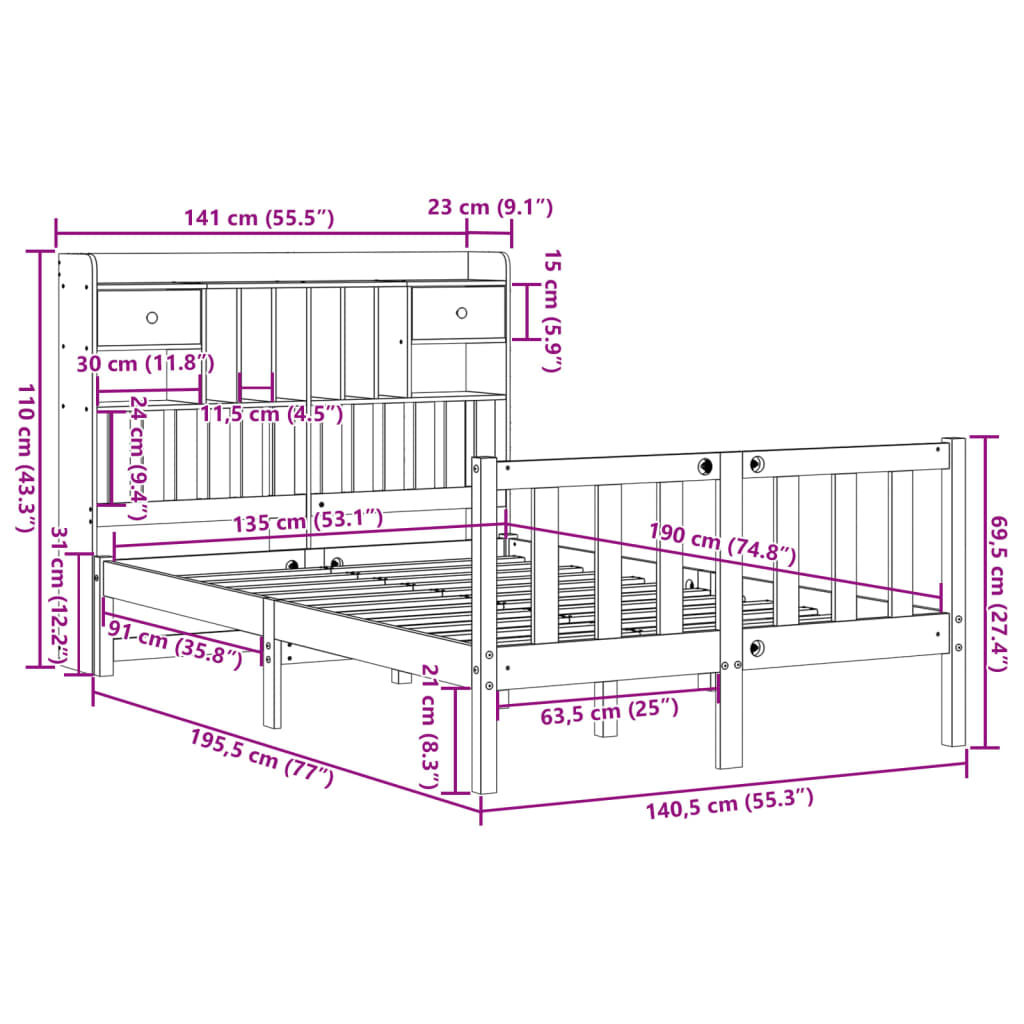 Bed met boekenkast zonder matras massief grenenhout 135x190 cm