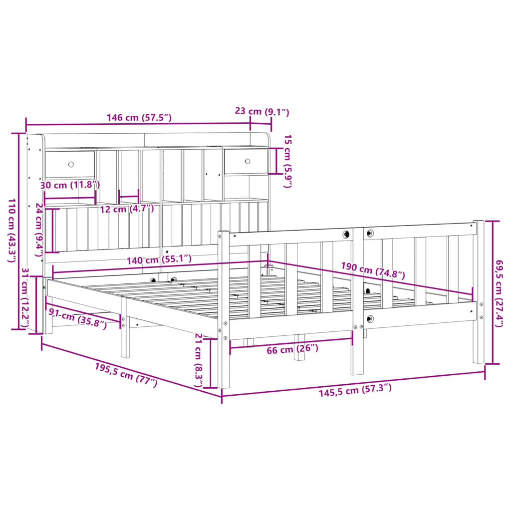 Bed met boekenkast zonder matras grenenhout wit 140x190 cm