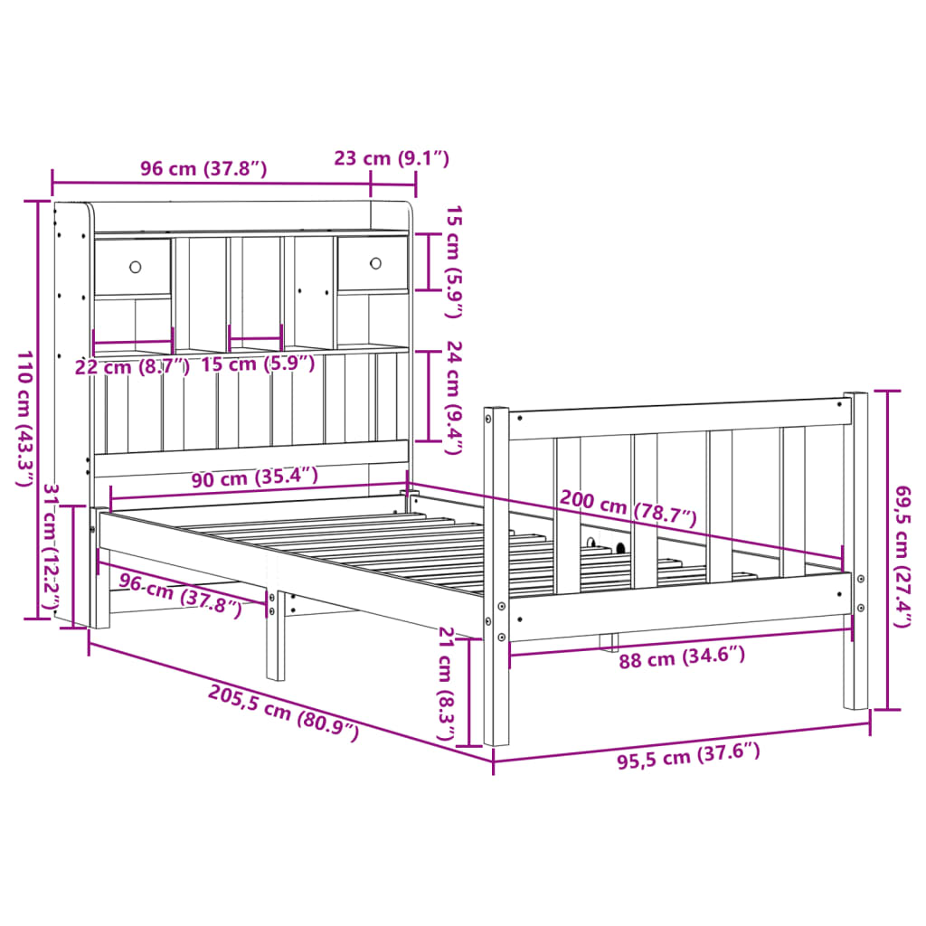 Bed met boekenkast zonder matras massief grenenhout 90x200 cm