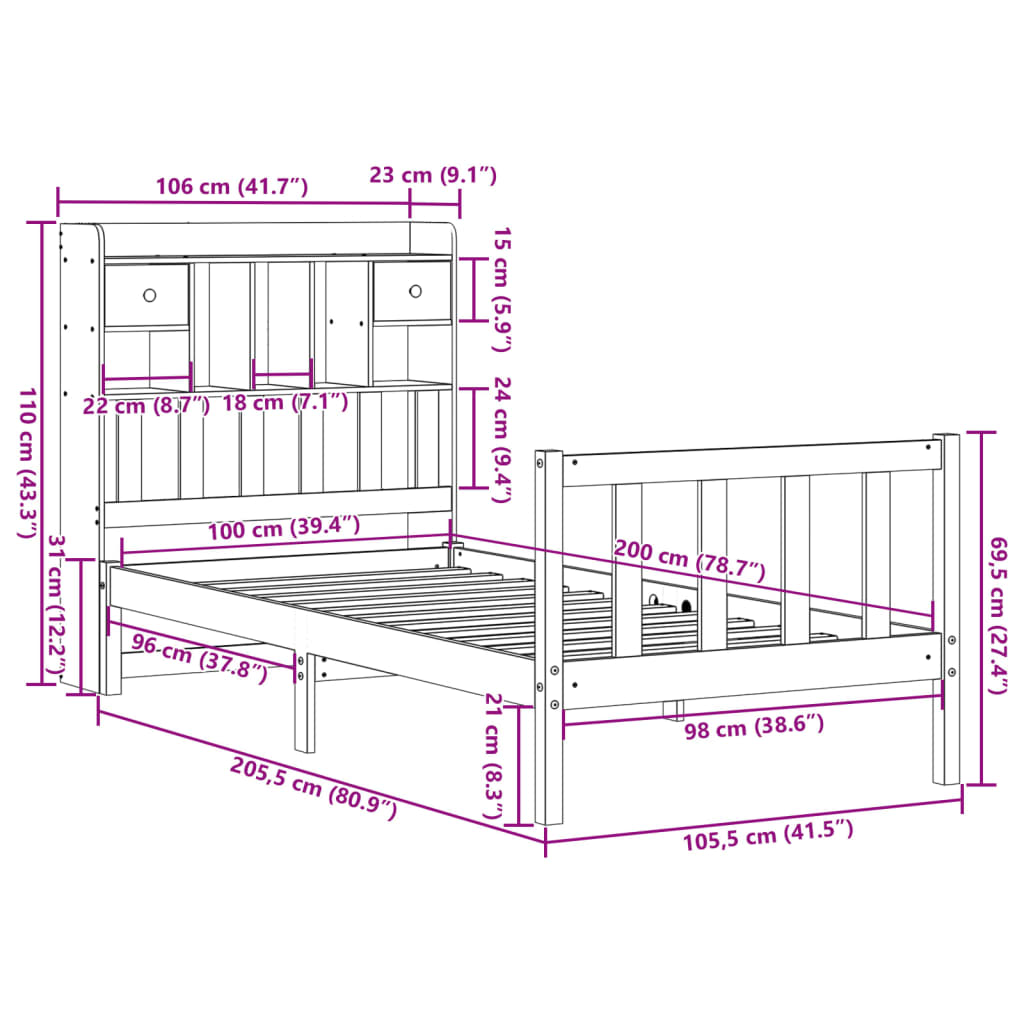 Bed met boekenkast zonder matras grenenhout wit 100x200 cm