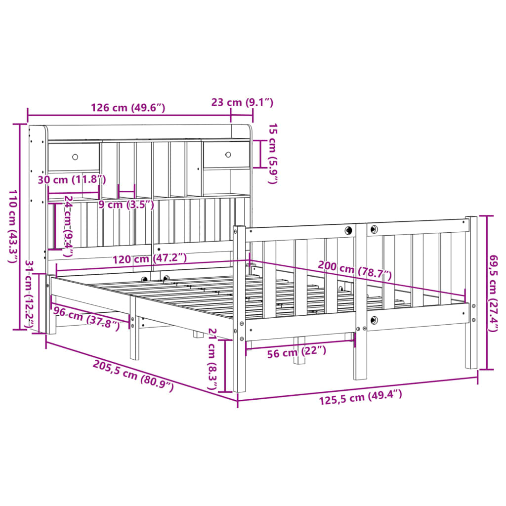 Bed met boekenkast zonder matras grenenhout wit 120x200 cm