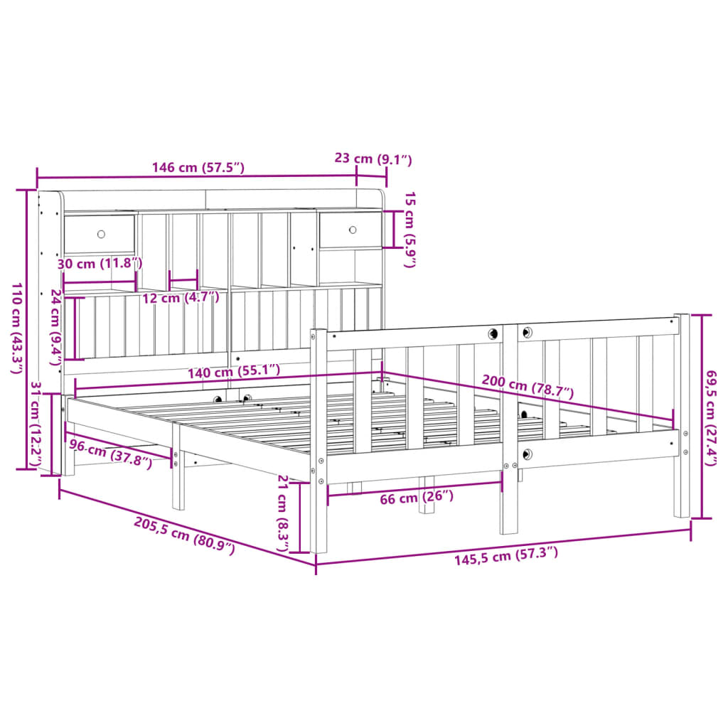 Bed met boekenkast zonder matras grenenhout wit 140x200 cm