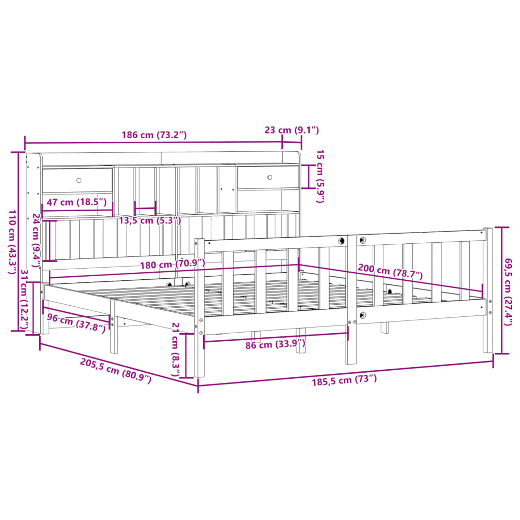 Bed met boekenkast zonder matras grenenhout wit 180x200 cm