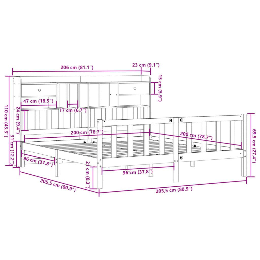 Bed met boekenkast zonder matras grenenhout wit 200x200 cm