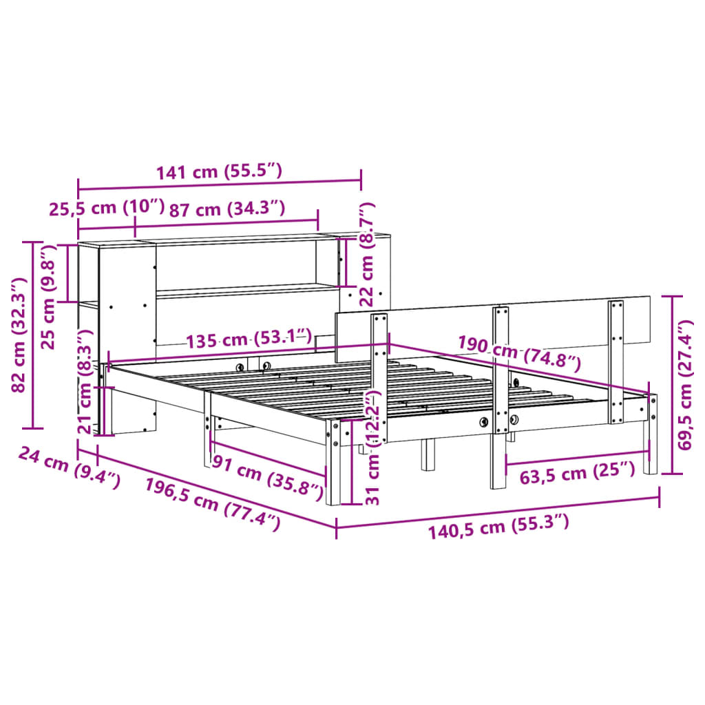 Bed met boekenkast zonder matras grenenhout wit 135x190 cm