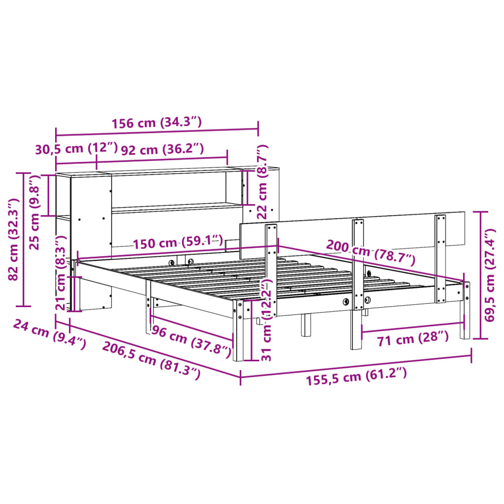 Bed met boekenkast zonder matras grenenhout wit 150x200 cm