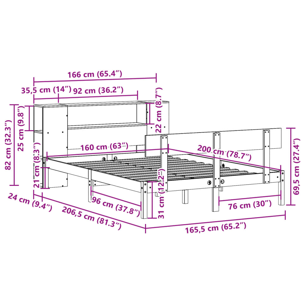 Bed met boekenkast zonder matras grenenhout wit 160x200 cm