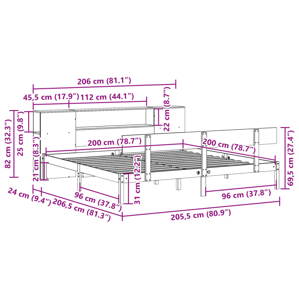 Bed met boekenkast zonder matras grenenhout wit 200x200 cm