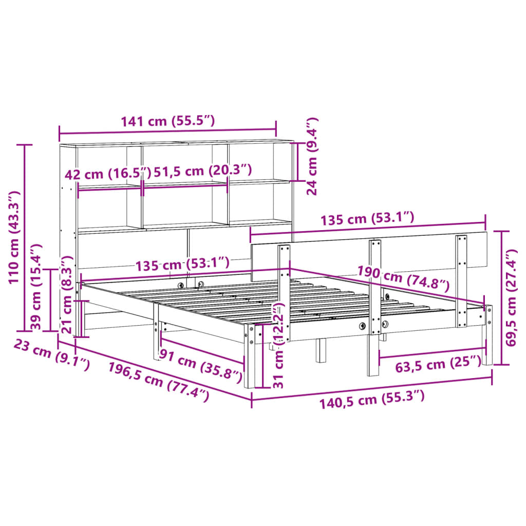 Bed met boekenkast zonder matras grenenhout wit 135x190 cm