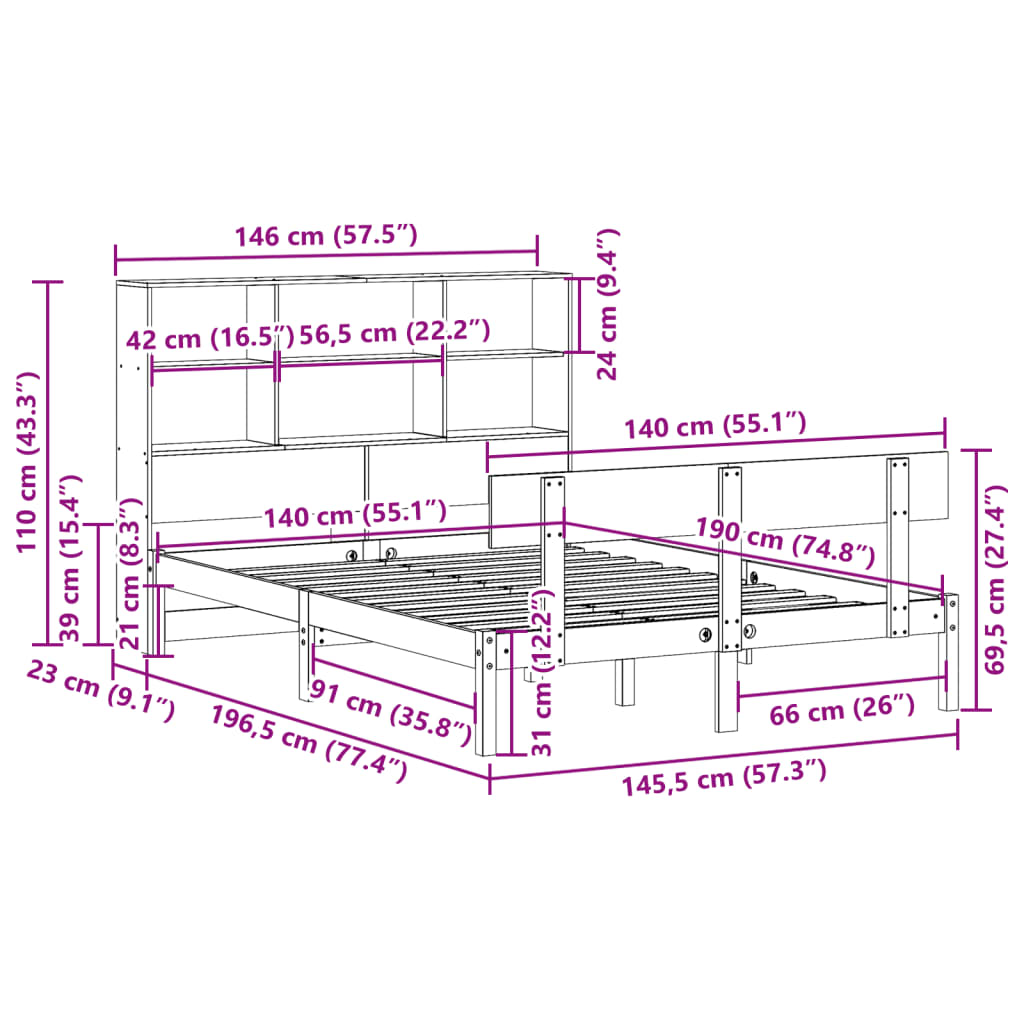 Bed met boekenkast zonder matras grenenhout wit 140x190 cm