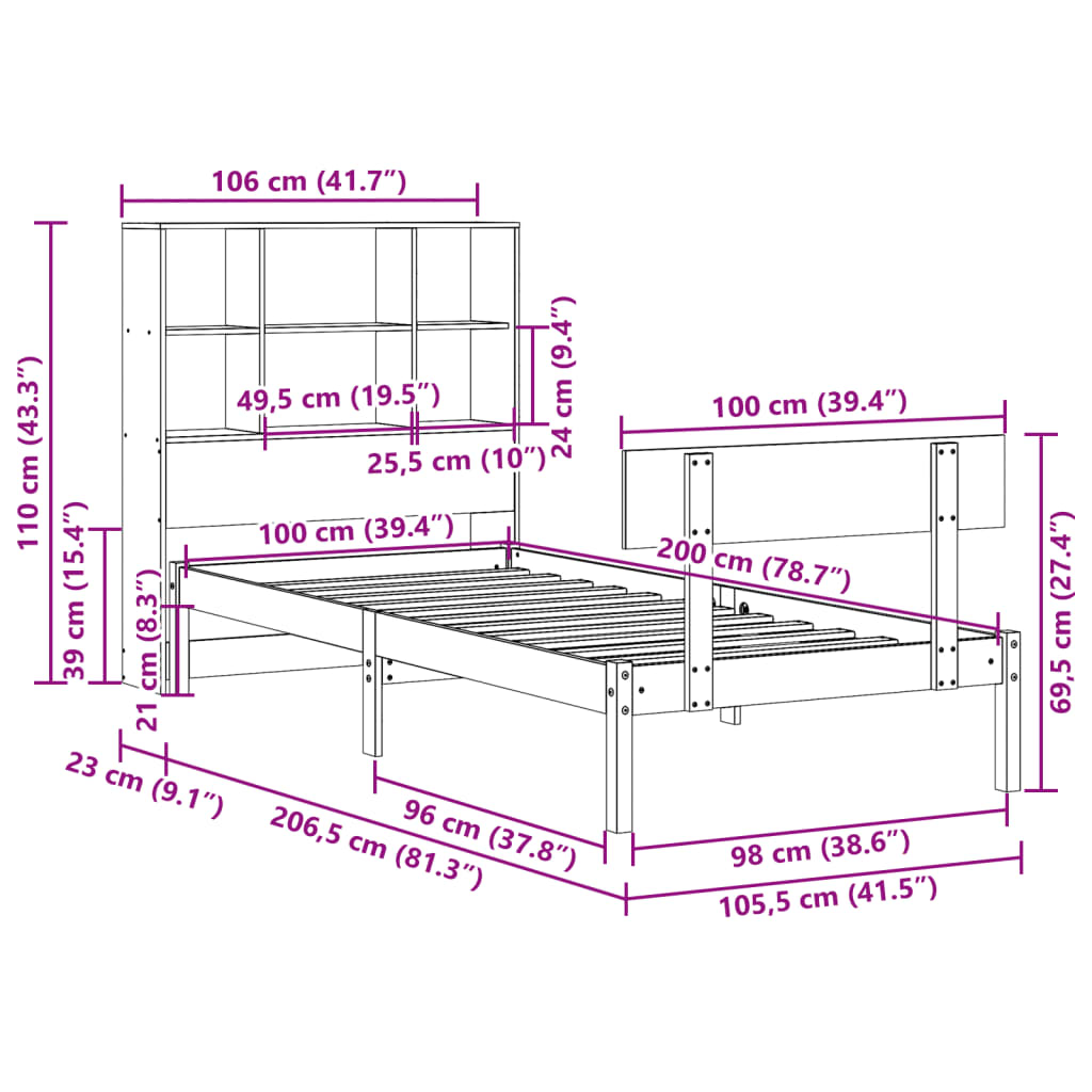 Bed met boekenkast zonder matras grenenhout wit 100x200 cm