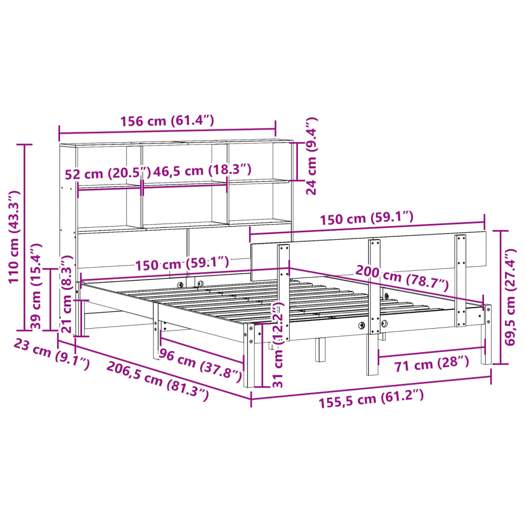 Bed met boekenkast zonder matras grenenhout wit 150x200 cm