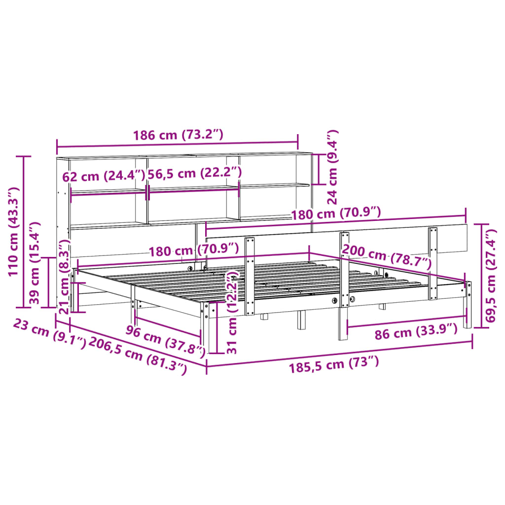 Bed met boekenkast zonder matras grenenhout wit 180x200 cm