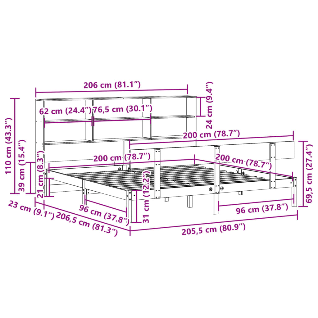 Bed met boekenkast zonder matras grenenhout wit 200x200 cm