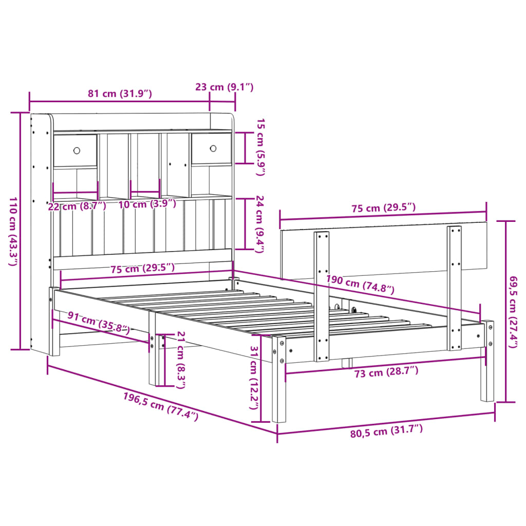 Bed met boekenkast zonder matras grenenhout wit 75x190 cm