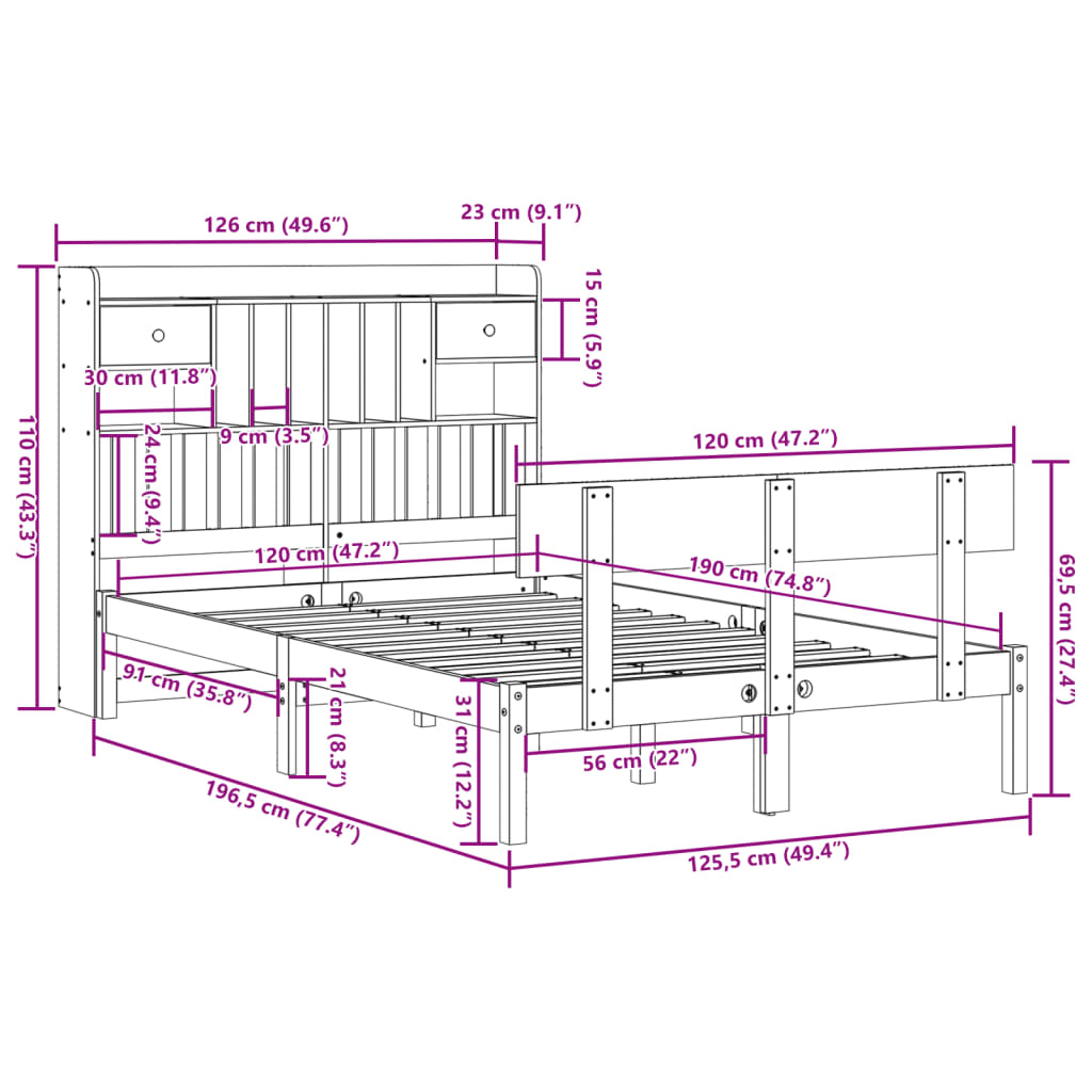 Bed met boekenkast zonder matras grenenhout wit 120x190 cm