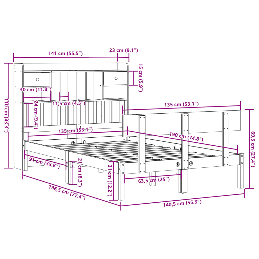 Bed met boekenkast zonder matras grenenhout wit 135x190 cm