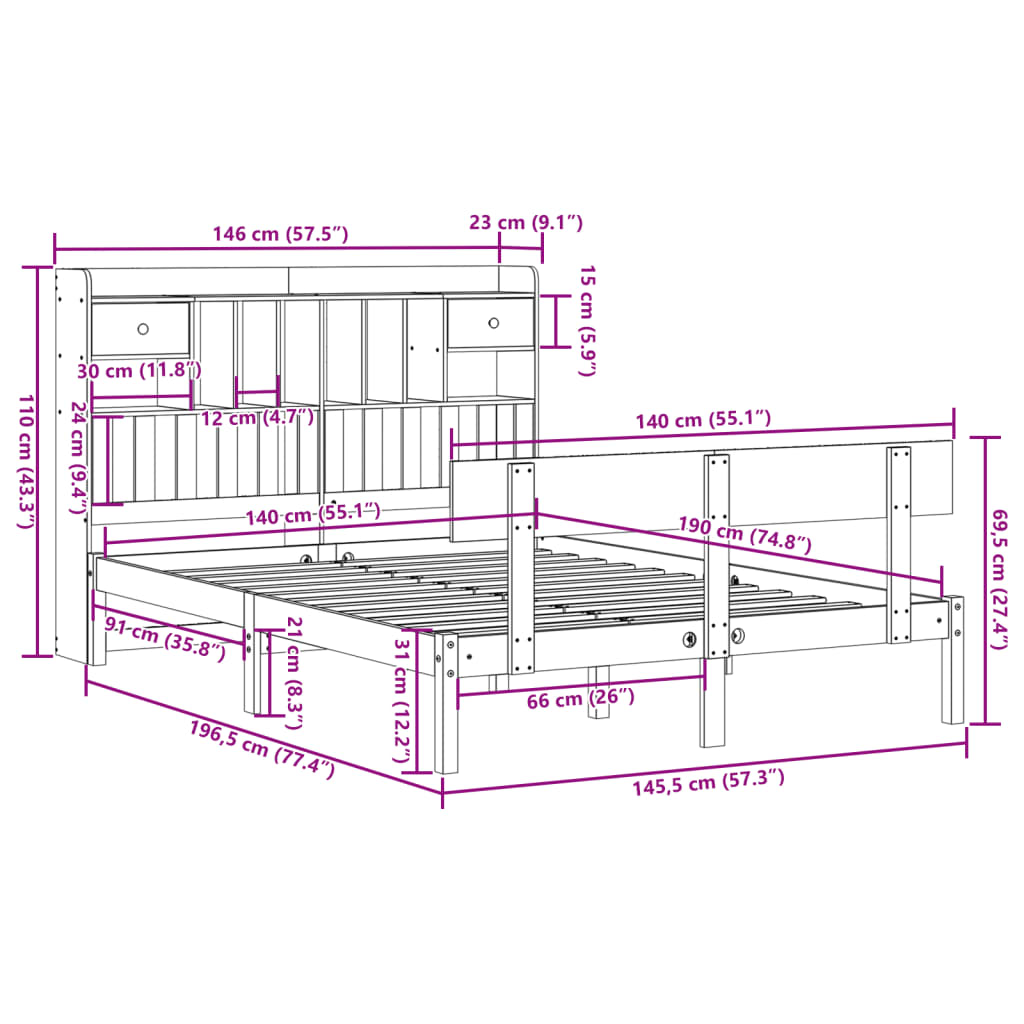 Bed met boekenkast zonder matras grenenhout wit 140x190 cm