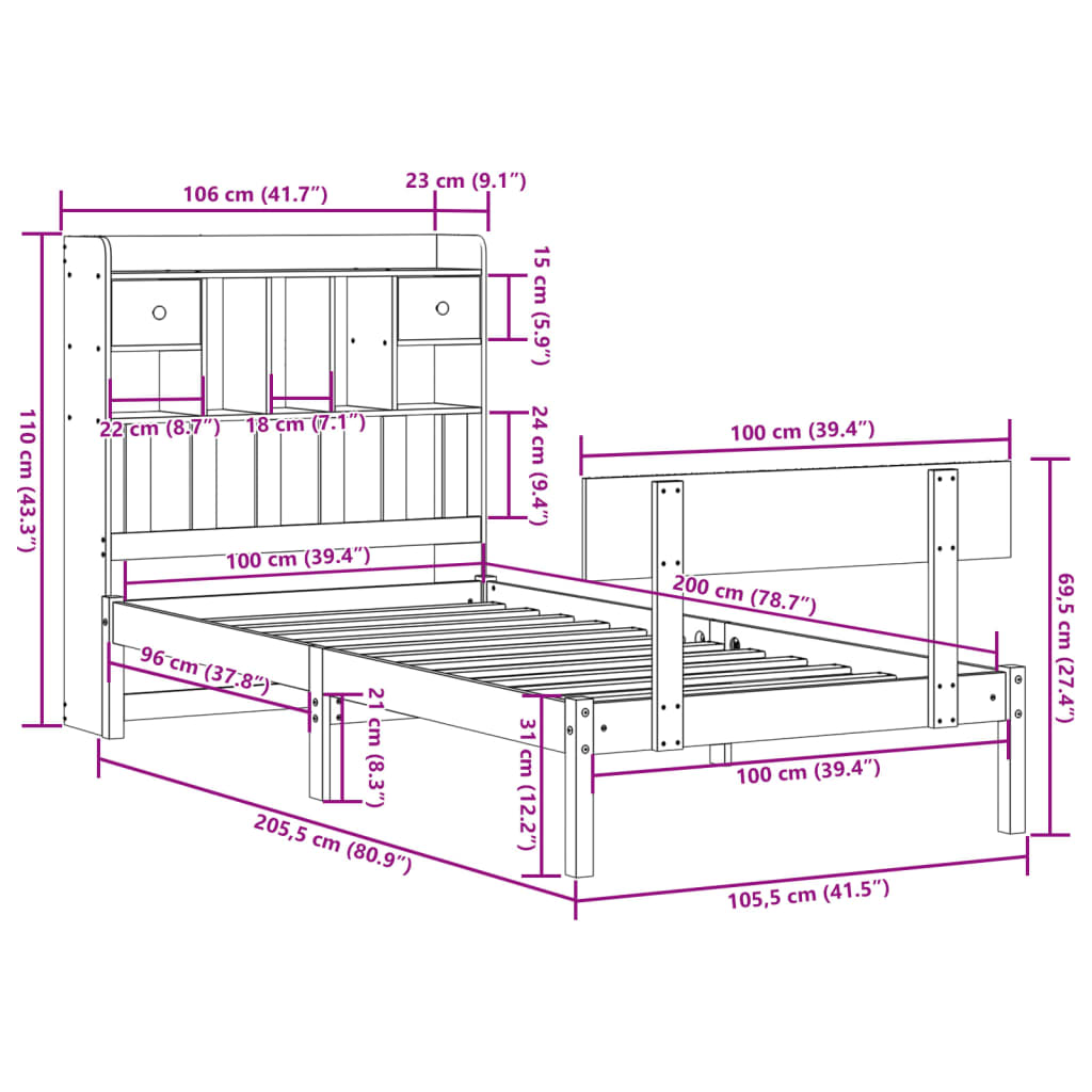 Bed met boekenkast zonder matras grenenhout wit 100x200 cm