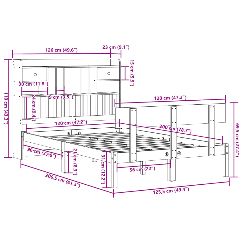 Bed met boekenkast zonder matras grenenhout wit 120x200 cm