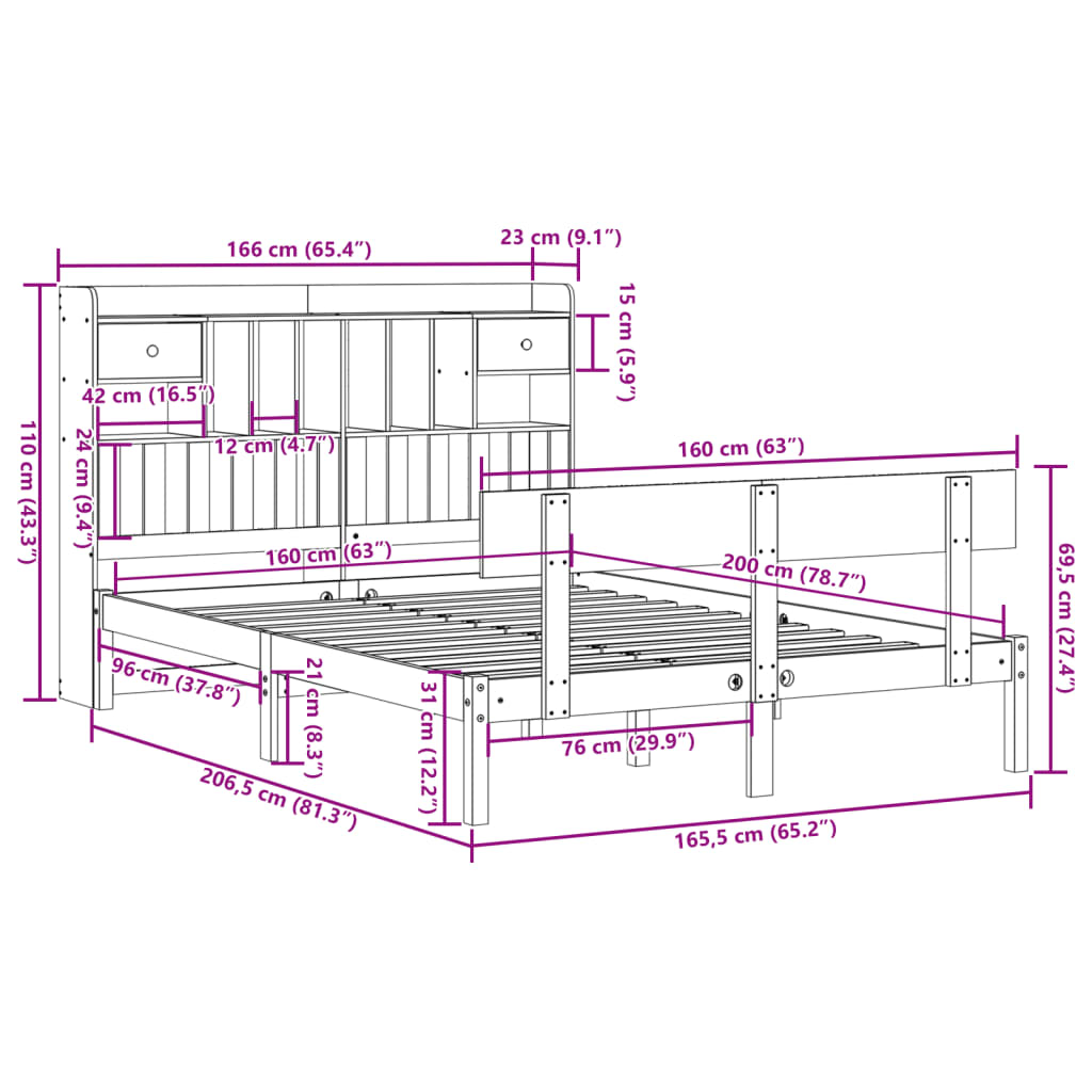 Bed met boekenkast zonder matras grenenhout wit 160x200 cm