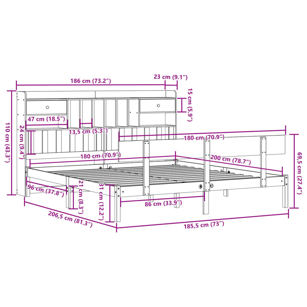 Bed met boekenkast zonder matras massief grenenhout 180x200 cm