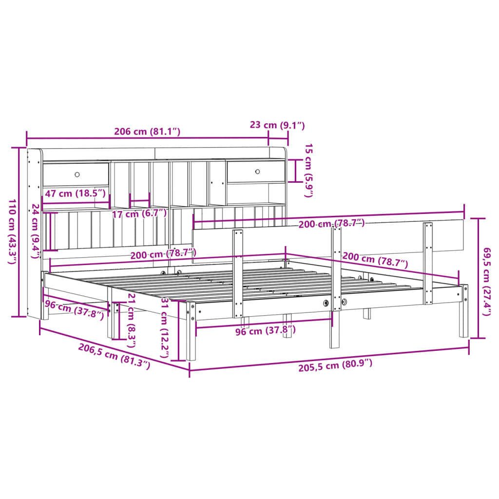 Bed met boekenkast zonder matras grenenhout wit 200x200 cm