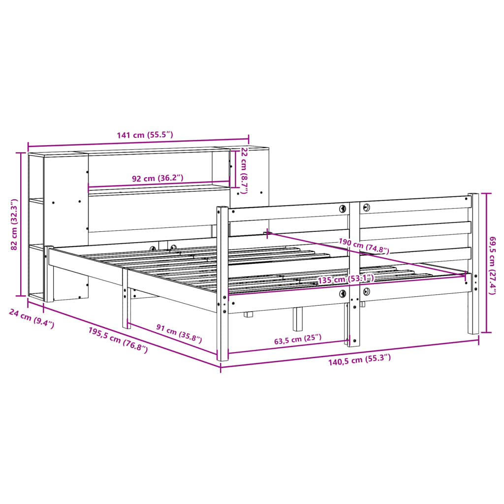 Bed met boekenkast zonder matras grenenhout wit 135x190 cm