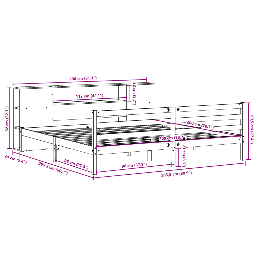 Bed met boekenkast zonder matras grenenhout wit 200x200 cm