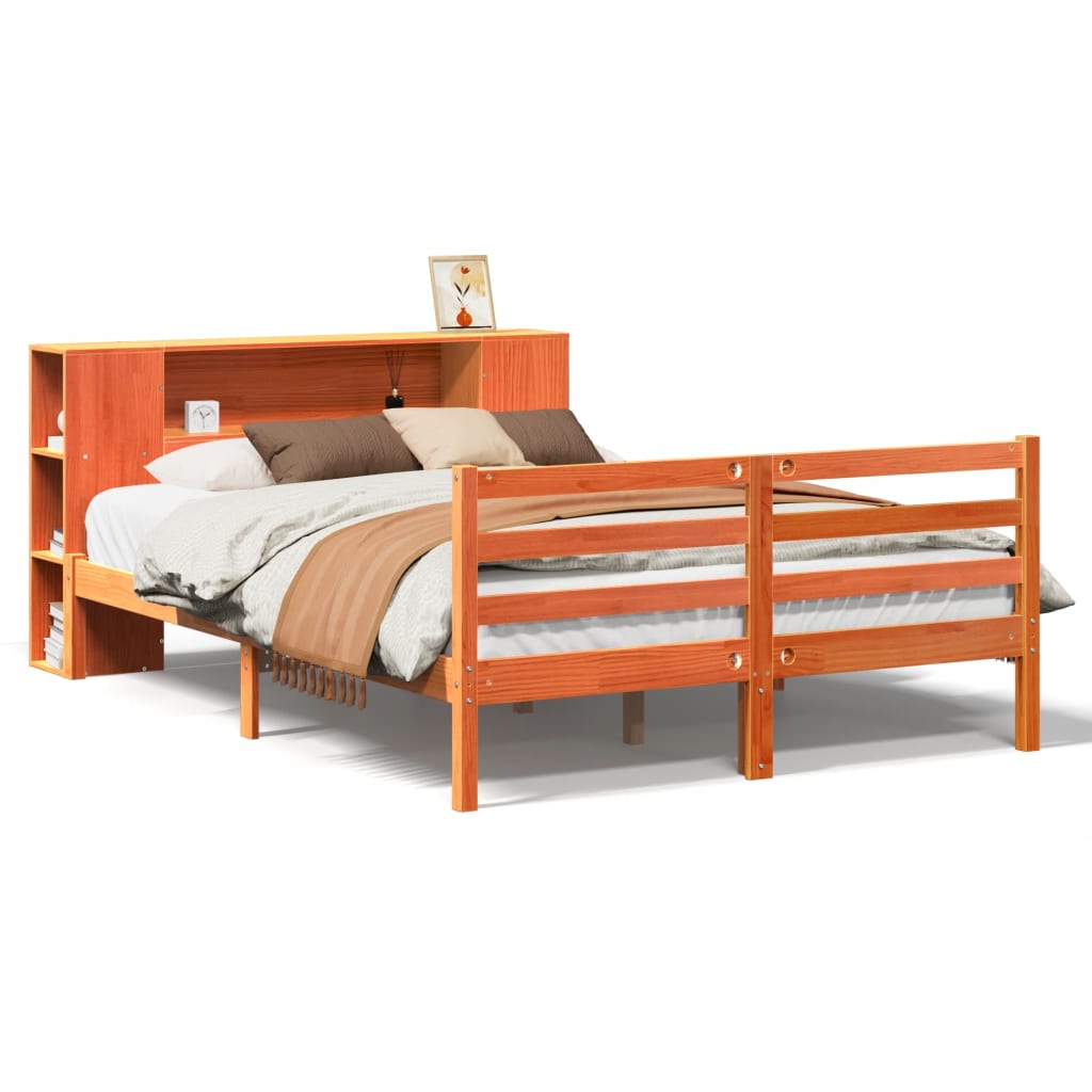 Bed met boekenkast zonder matras grenenhout wasbruin 135x190 cm