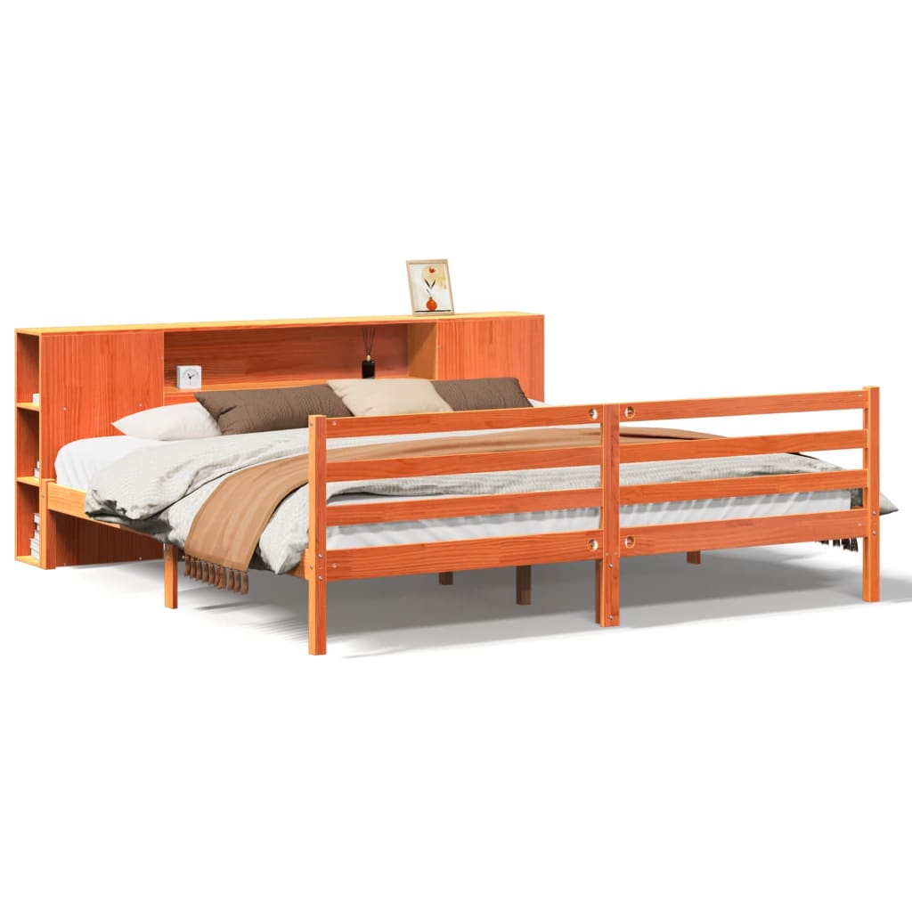 Bed met boekenkast zonder matras grenenhout wasbruin 180x200 cm