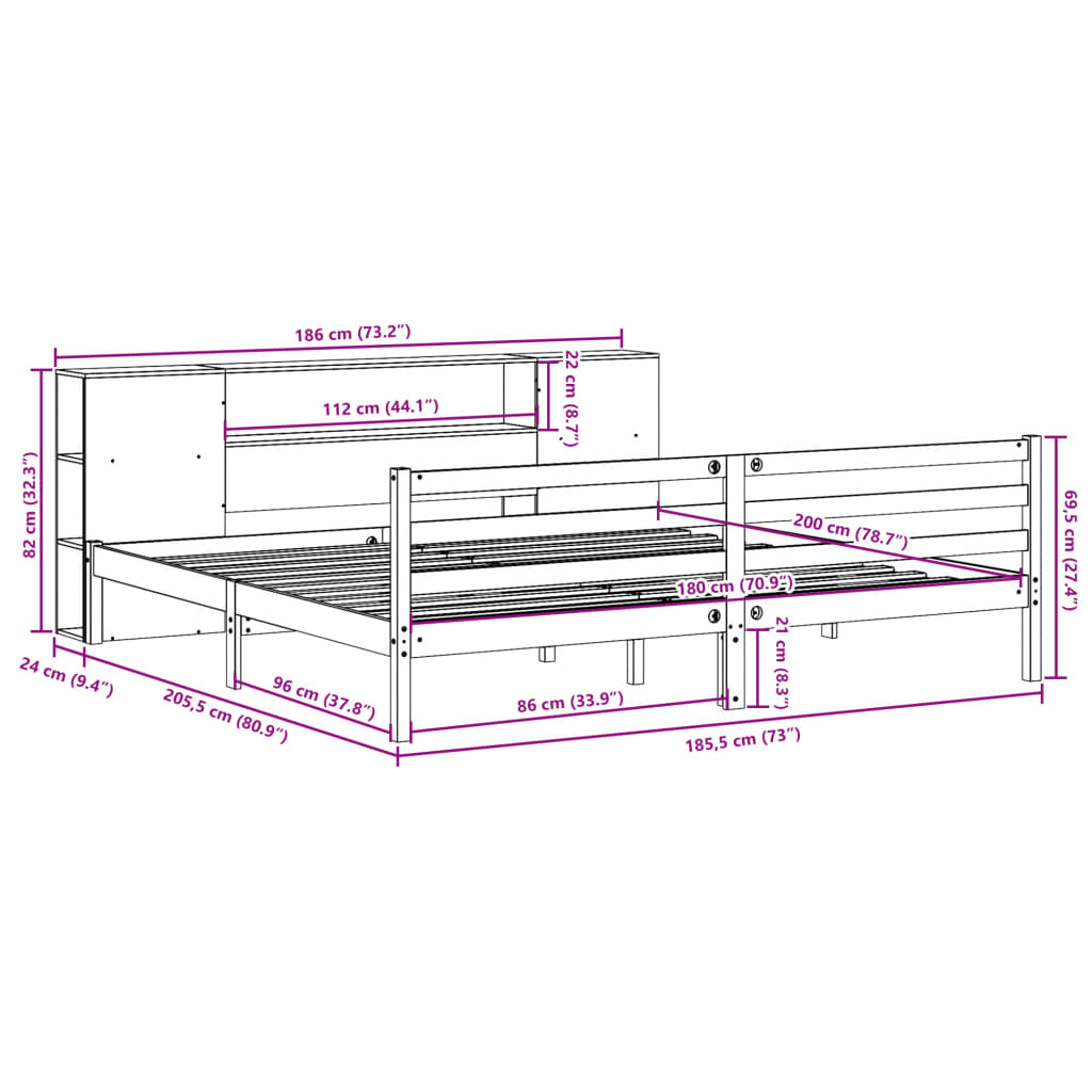 Bed met boekenkast zonder matras grenenhout wasbruin 180x200 cm