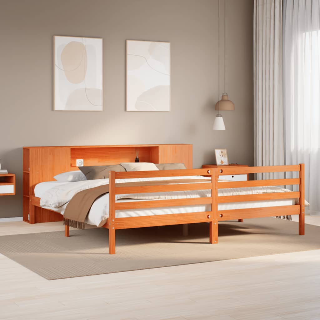 Bed met boekenkast zonder matras grenenhout wasbruin 200x200 cm