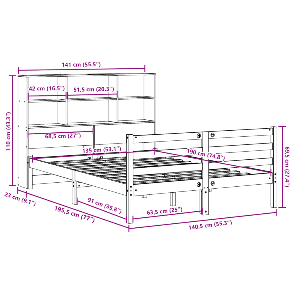 Bed met boekenkast zonder matras grenenhout wit 135x190 cm