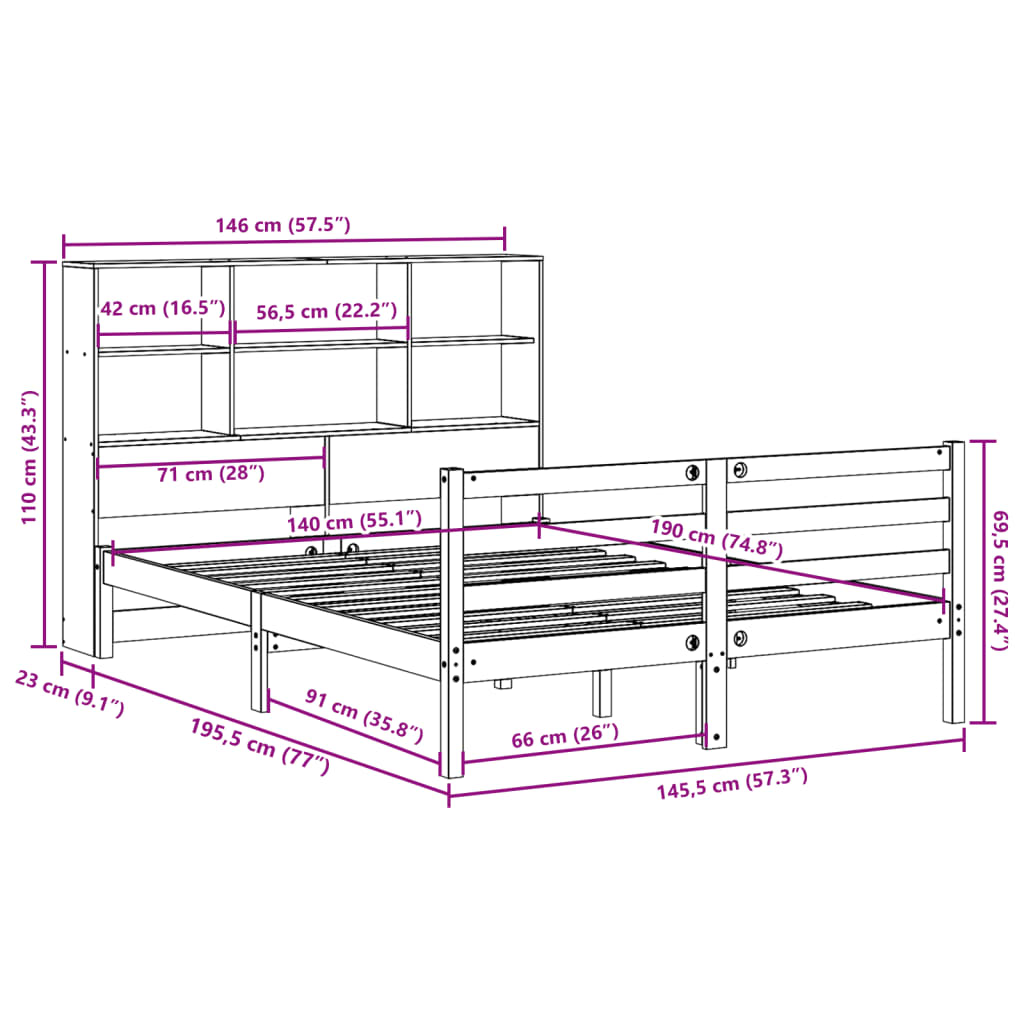 Bed met boekenkast zonder matras grenenhout wit 140x190 cm