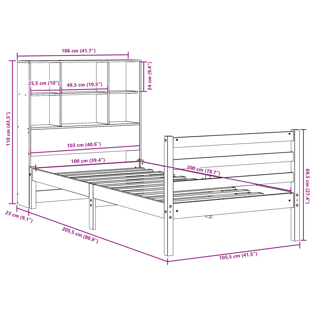 Bed met boekenkast zonder matras grenenhout wit 100x200 cm