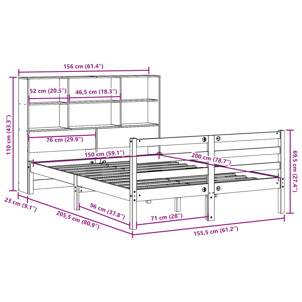 Bed met boekenkast zonder matras grenenhout wit 150x200 cm