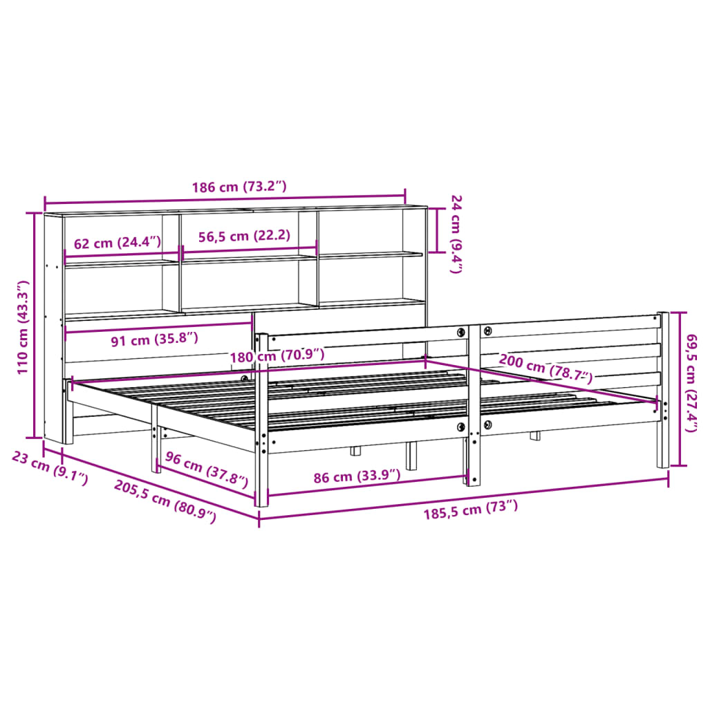 Bed met boekenkast zonder matras grenenhout wit 180x200 cm