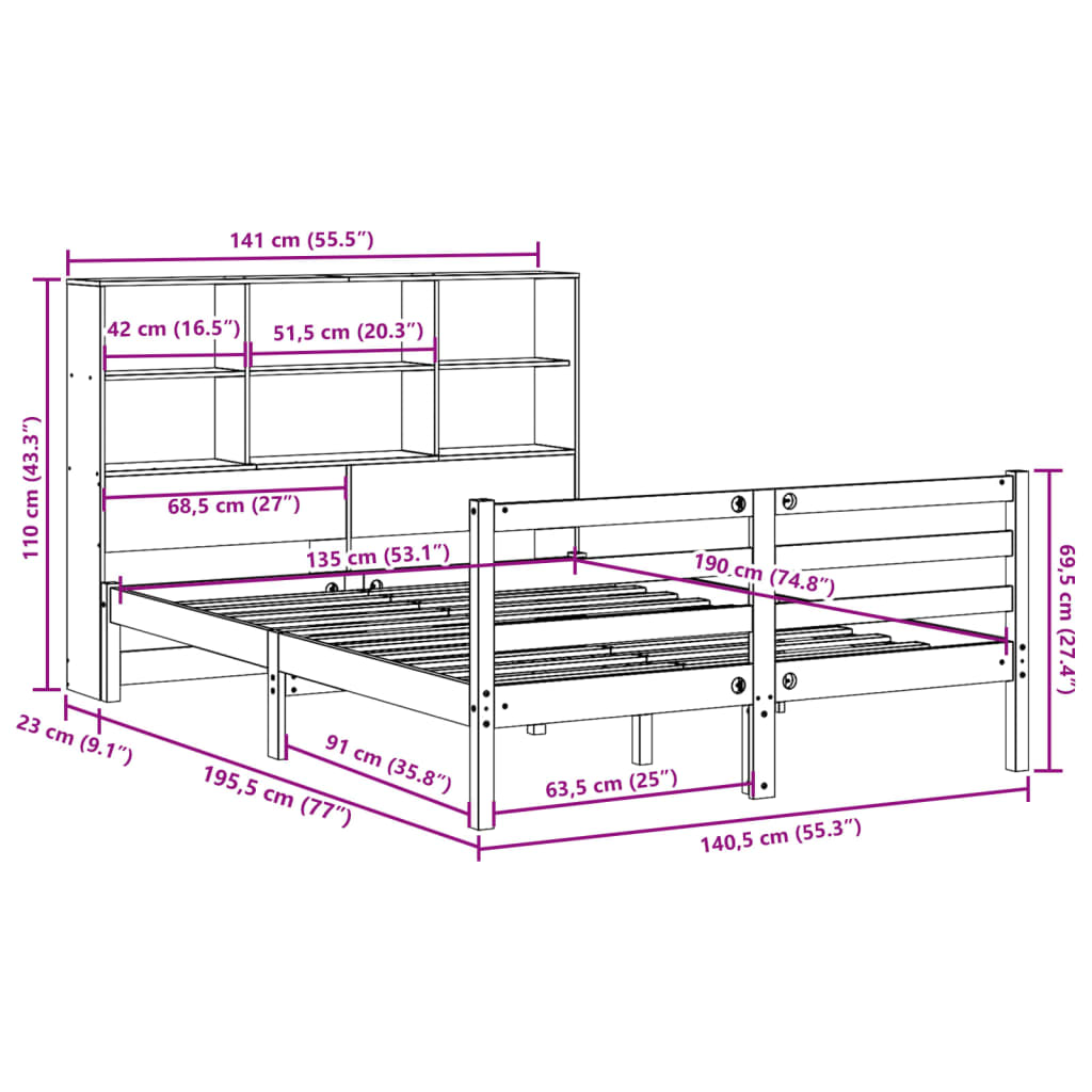 Bed met boekenkast zonder matras hout wasbruin 135x190 cm