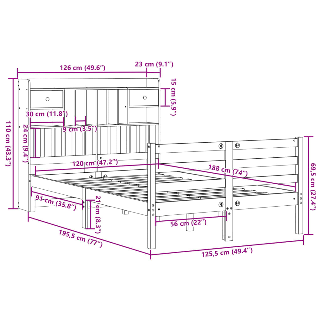 Bed met boekenkast zonder matras grenenhout wit 120x190 cm