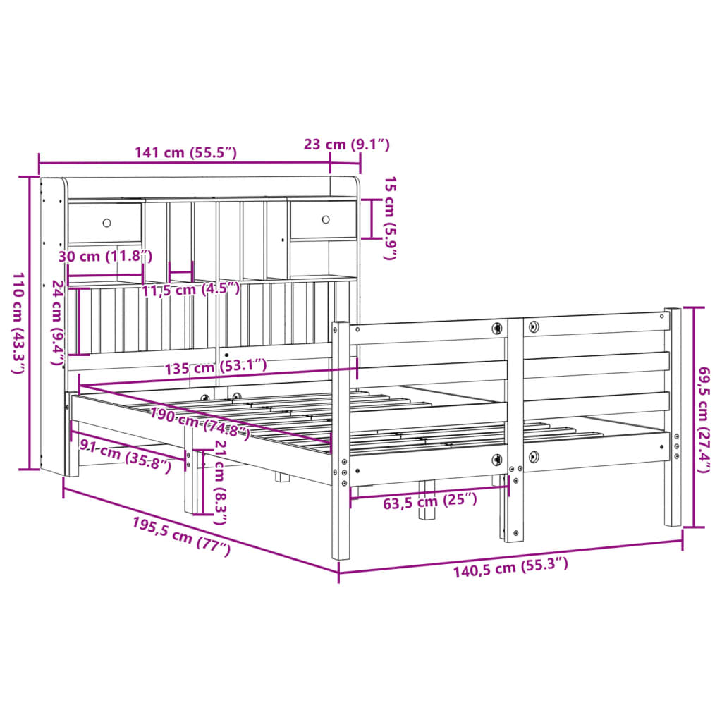 Bed met boekenkast zonder matras grenenhout wit 135x190 cm