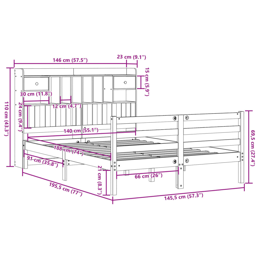 Bed met boekenkast zonder matras grenenhout wit 140x190 cm