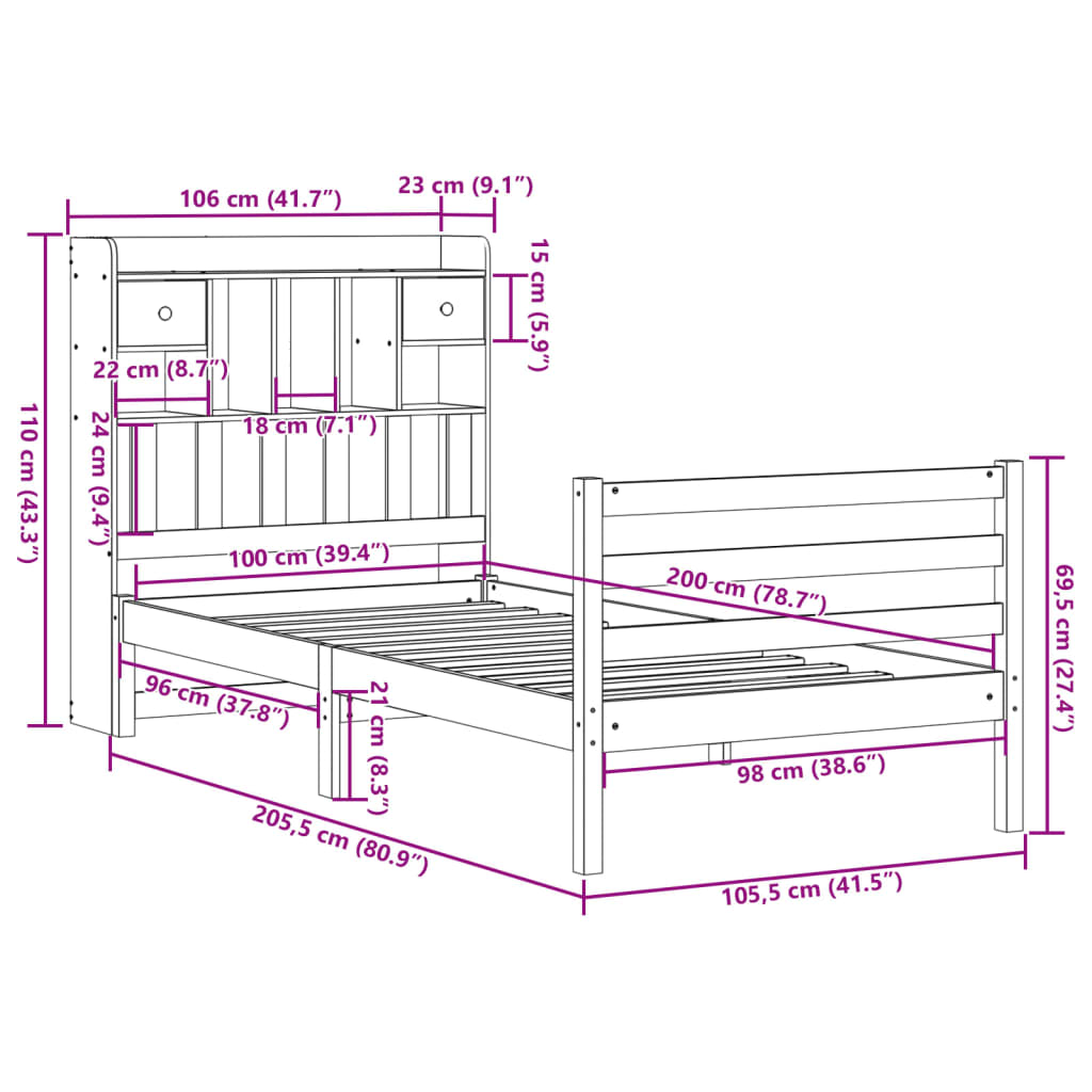 Bed met boekenkast zonder matras grenenhout wit 100x200 cm