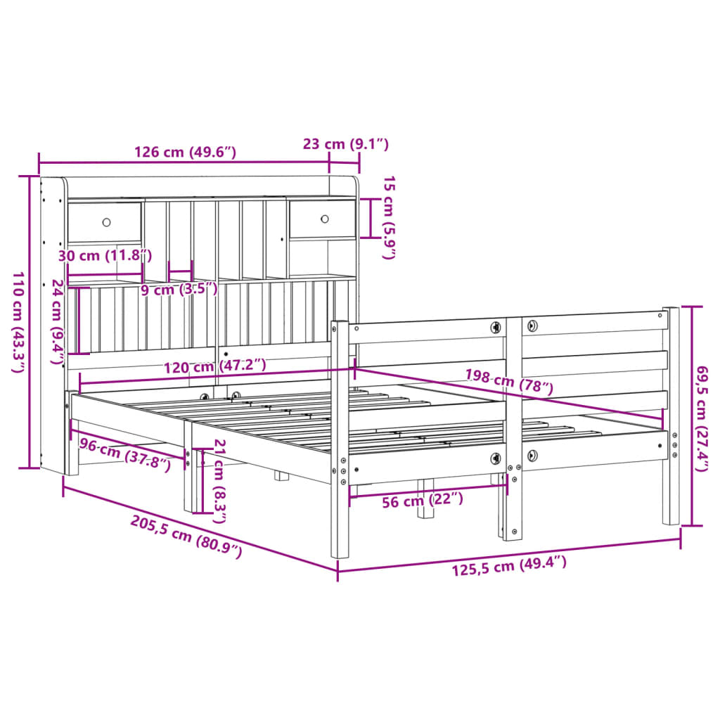 Bed met boekenkast zonder matras grenenhout wit 120x200 cm